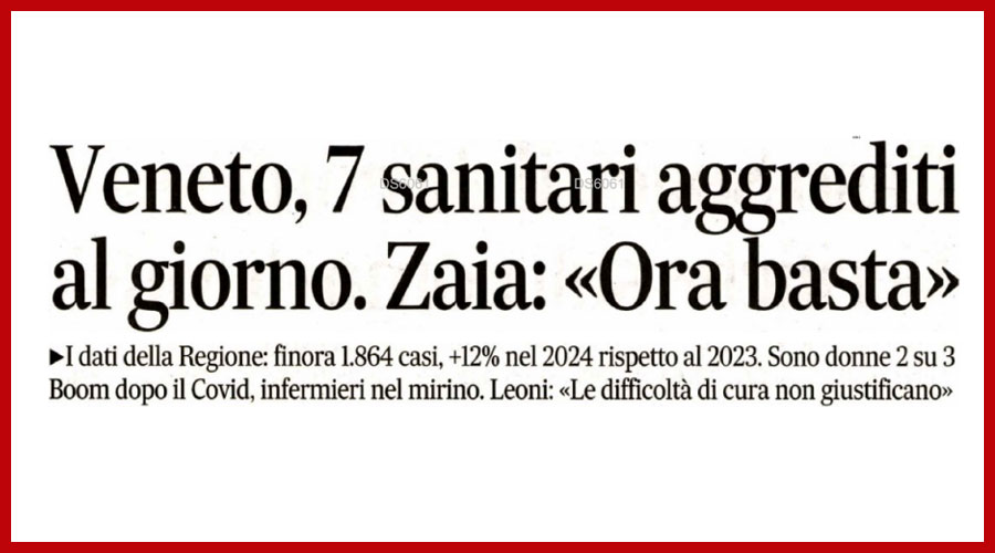 Clicca per accedere all'articolo Aggressioni in corsia: in Veneto più di 1.800 nel 2024. Leoni: «La difficoltà di cura non giustifica»