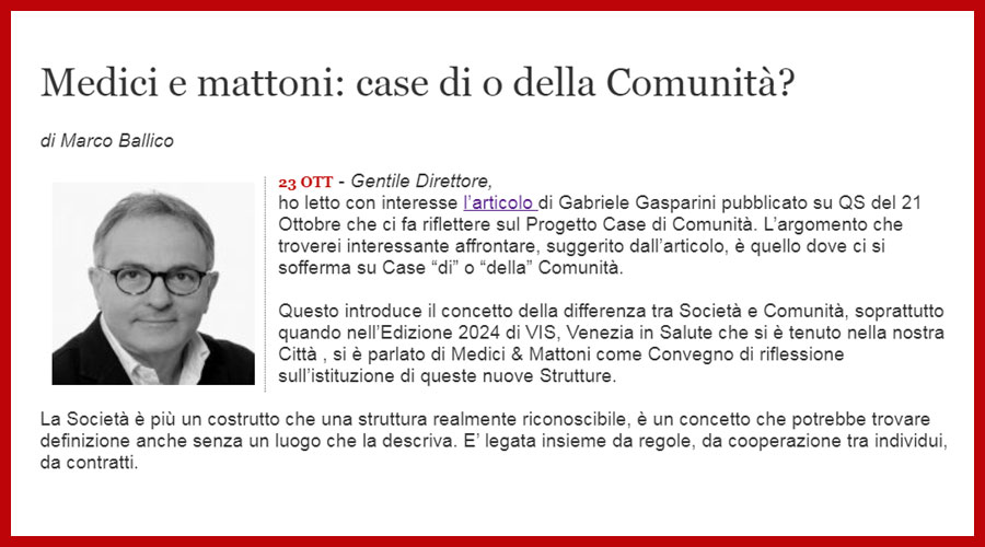 Clicca per accedere all'articolo Case di o della Comunità? Ballico su QS: «Sottintende la differenza tra Società e Comunità»